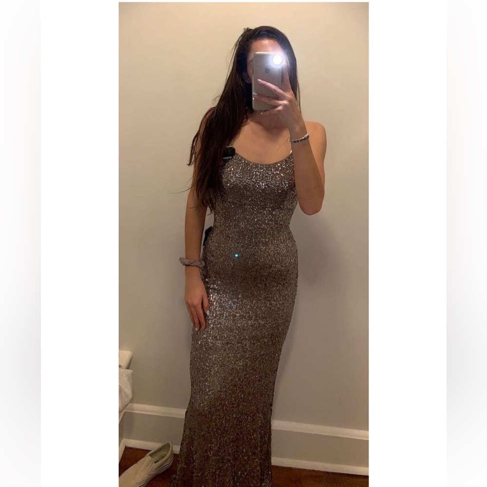 Betsy and Adam Grey Sequin Prom Dress